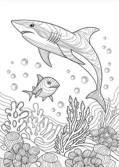 A coloring page of Underwater Adventure with Sharks and Dolphins