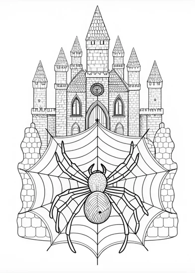 A coloring page of Castle and Spider Web Adventure Coloring Page