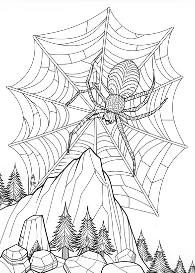 A coloring page of Spider in the Forest Web: A Mountainous Coloring Adventure