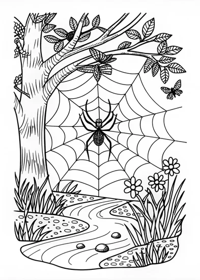 A coloring page of Spider by the River in the Mountains Coloring Page