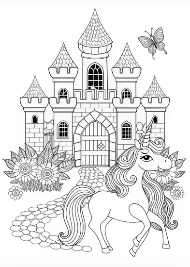 A coloring page of Enchanted Unicorn and the Castle Realms