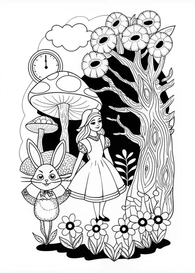 A coloring page of Alice in Wonderland’s Tea Time Adventure
