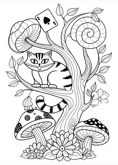 A coloring page of Cheshire Cat’s Whimsical Wonderland