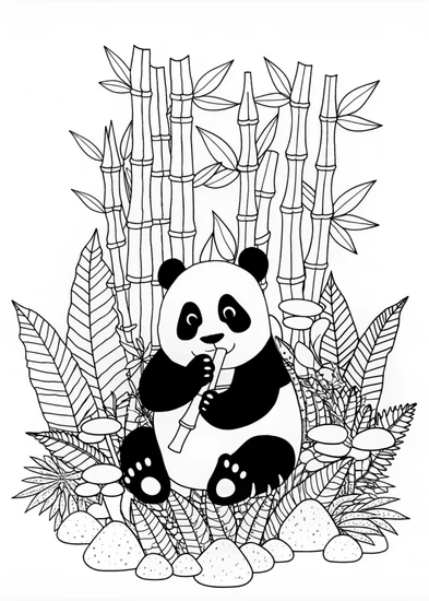 A coloring page of Cute Panda Eating Bamboo in the Forest