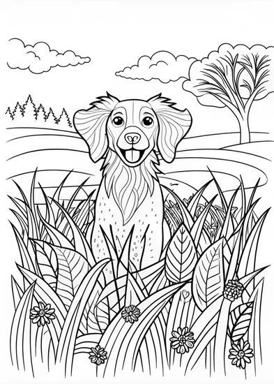 A coloring page of Happy Dog Coloring Page
