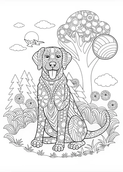 A coloring page of Dog in Floral Garden Coloring Page