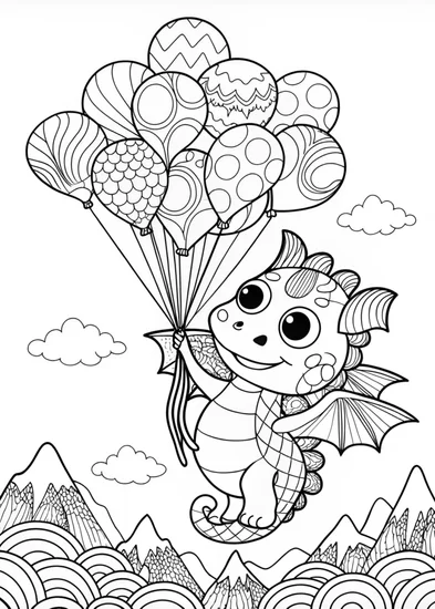 A coloring page of Dragon with Balloons Coloring Page