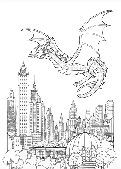 A coloring page of Dragon in the City Coloring Adventure