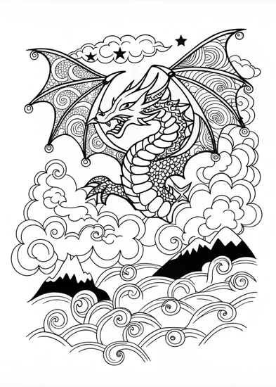 A coloring page of Dragon in a dreamy cloudscape