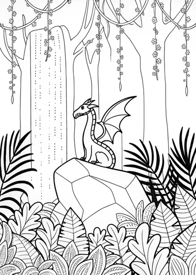 A coloring page of Fierce Dragon in the Jungle