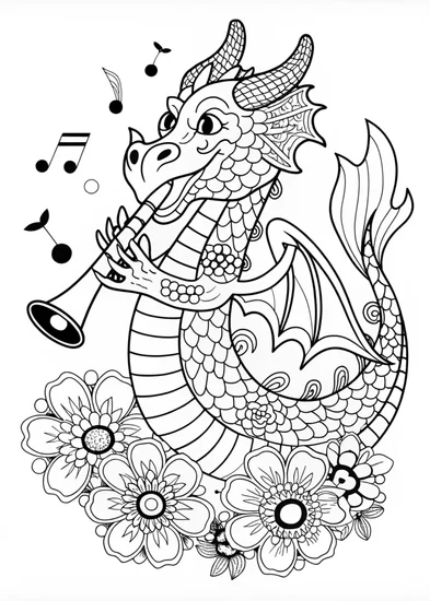 A coloring page of Dragon Playing Guitar