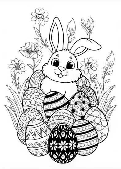 A coloring page of Easter Bunny with Decorative Eggs Coloring Page