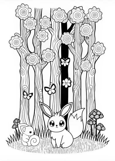 A coloring page of Eevee Exploring the Mountains Coloring Page