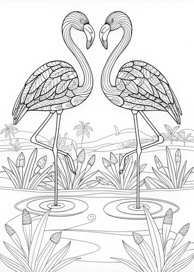 A coloring page of Elegant Flamingos in the Water