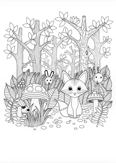 A coloring page of Fox in the Enchanted Forest