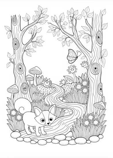 A coloring page of Fox’s Enchanted Forest Adventure