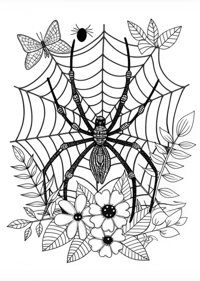 A coloring page of Spider in the Garden Coloring Page