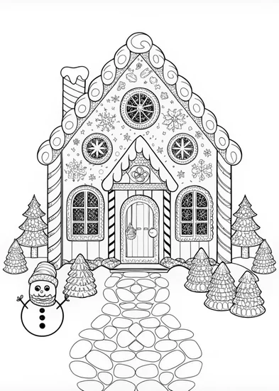 A coloring page of Snowy Winter Cottage Coloring Page