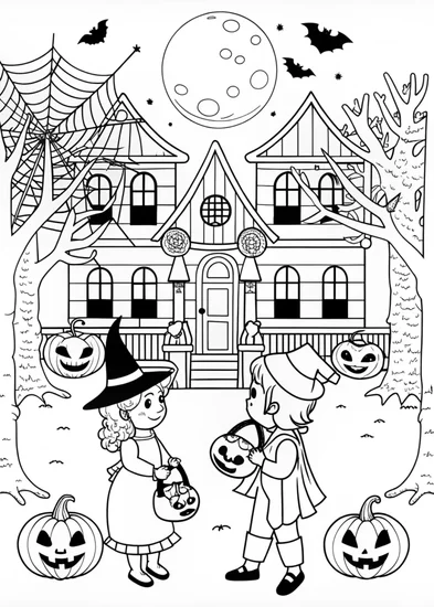 A coloring page of Halloween Night: Trick-or-Treat Adventures