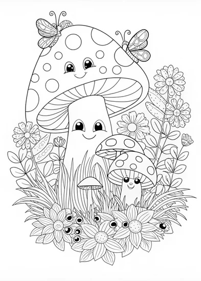 A coloring page of Happy Mushroom Fun Coloring Page
