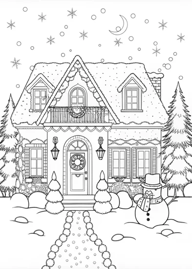 A coloring page of Cozy Snowy Cottage Coloring Page