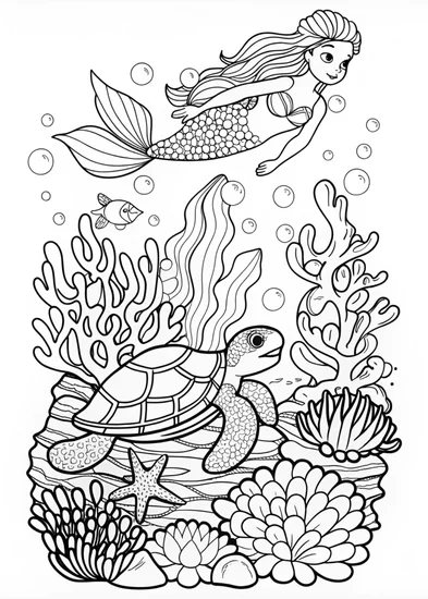 A coloring page of Mermaid and Sea Turtle Adventure