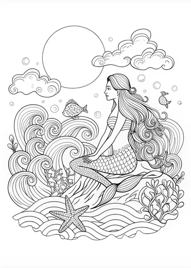 A coloring page of Moonlit Mermaid Serenity Coloring Page