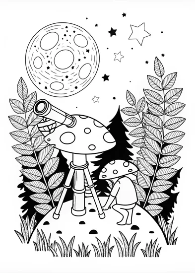 A coloring page of Mushroom Astronomers
