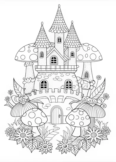 A coloring page of Enchanted Mushroom Castle Coloring Page