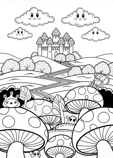 A coloring page of Magical Mushroom Forest