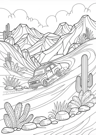 A coloring page of Speeding through the Desert Mountains