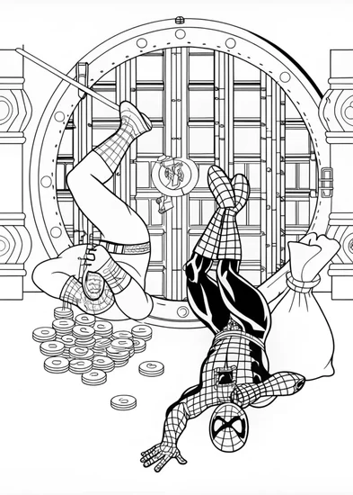 A coloring page of Spiderman fighting Shocker