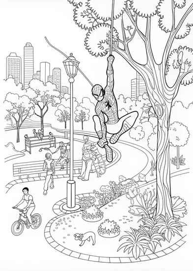 A coloring page of Spider-Man Swings Through the City