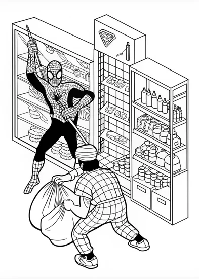 A coloring page of Spider-Man Shopping for Groceries
