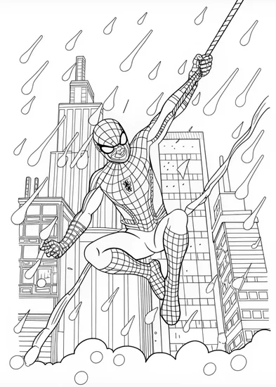 A coloring page of Spiderman in the Rain