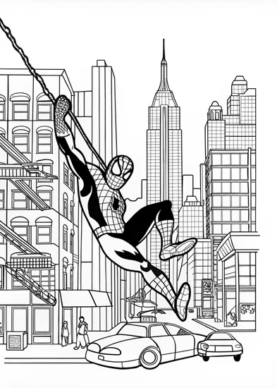 A coloring page of Spiderman in a Concrete Jungle