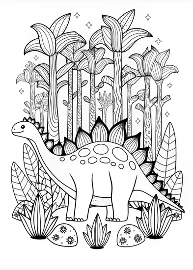 A coloring page of Stegosaurus in the Enchanted Forest