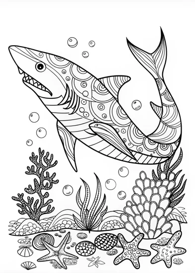 A coloring page of Sharks Under the Sea