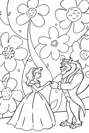 A coloring page of Enchanted Garden Waltz with Belle and the Beast