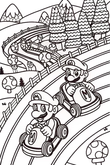 A coloring page of Mario and Luigi Racing in the Mushroom Kingdom!
