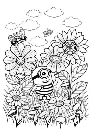 A coloring page of Minion’s Flower Adventure in the Magical Garden