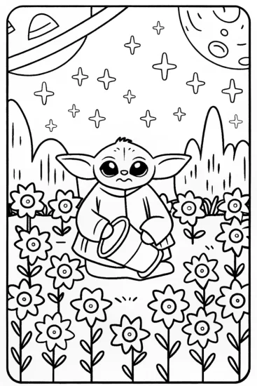 A coloring page of Baby Yoda’s Galactic Garden Adventure