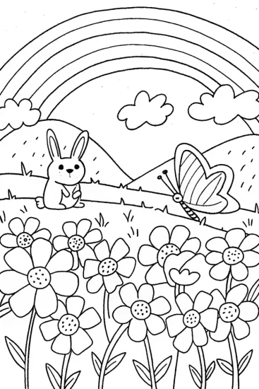 A coloring page of Rainbow Garden Adventure with Benny the Bunny