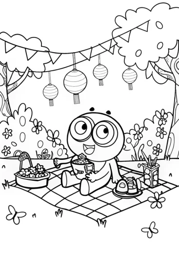 A coloring page of Whimsical Garden Party with Banban