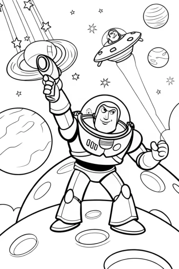 A coloring page of Buzz Lightyear in the cosmic garden