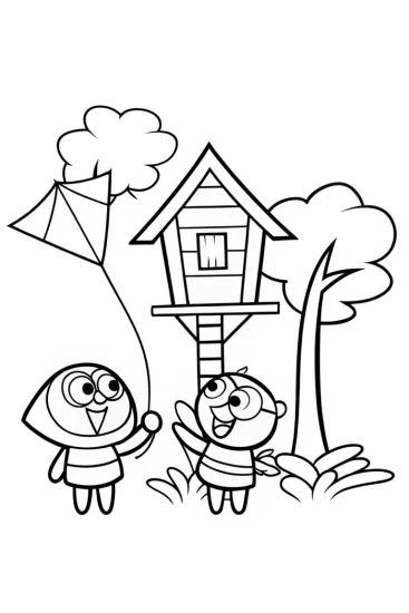 A coloring page of Bluey and Bingo’s Fun Day in the Backyard!