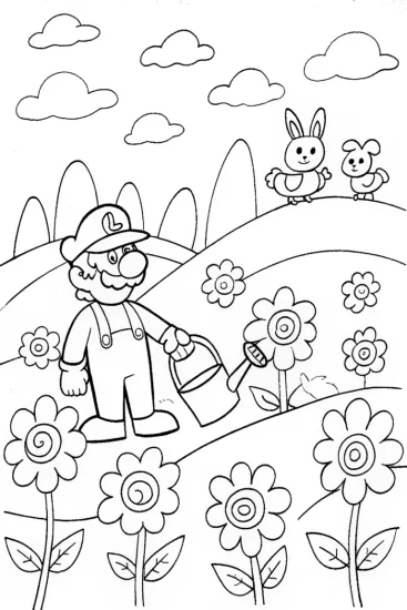A coloring page of Luigi’s vibrant garden quest