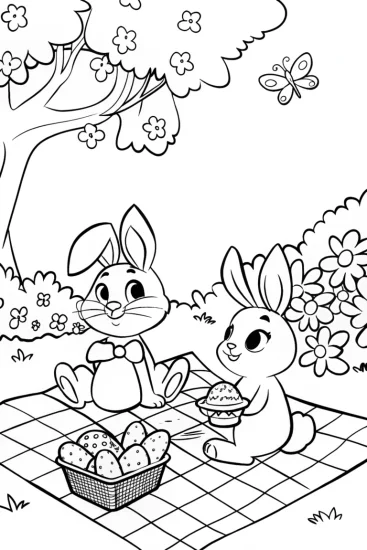 A coloring page of Joyful Picnic with Benny and Bella the Bunnies