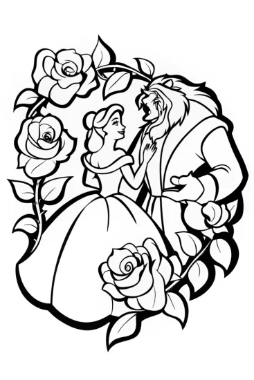 A coloring page of Whimsical rose garden with Belle and the Beast