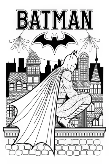 A coloring page of Batman Overlooking Gotham’s Skyline